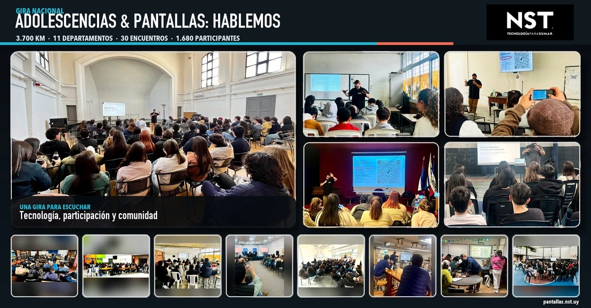 Gira nacional Adolescencias y Pantallas: Hablemos, de NST. 3.700 km, 11 departamentos, 30 encuentros y 1.680 participantes. Fotografías de las charlas con estudiantes, docentes y comunidades. Una gira para escuchar: tecnología, participación y comunidad.
